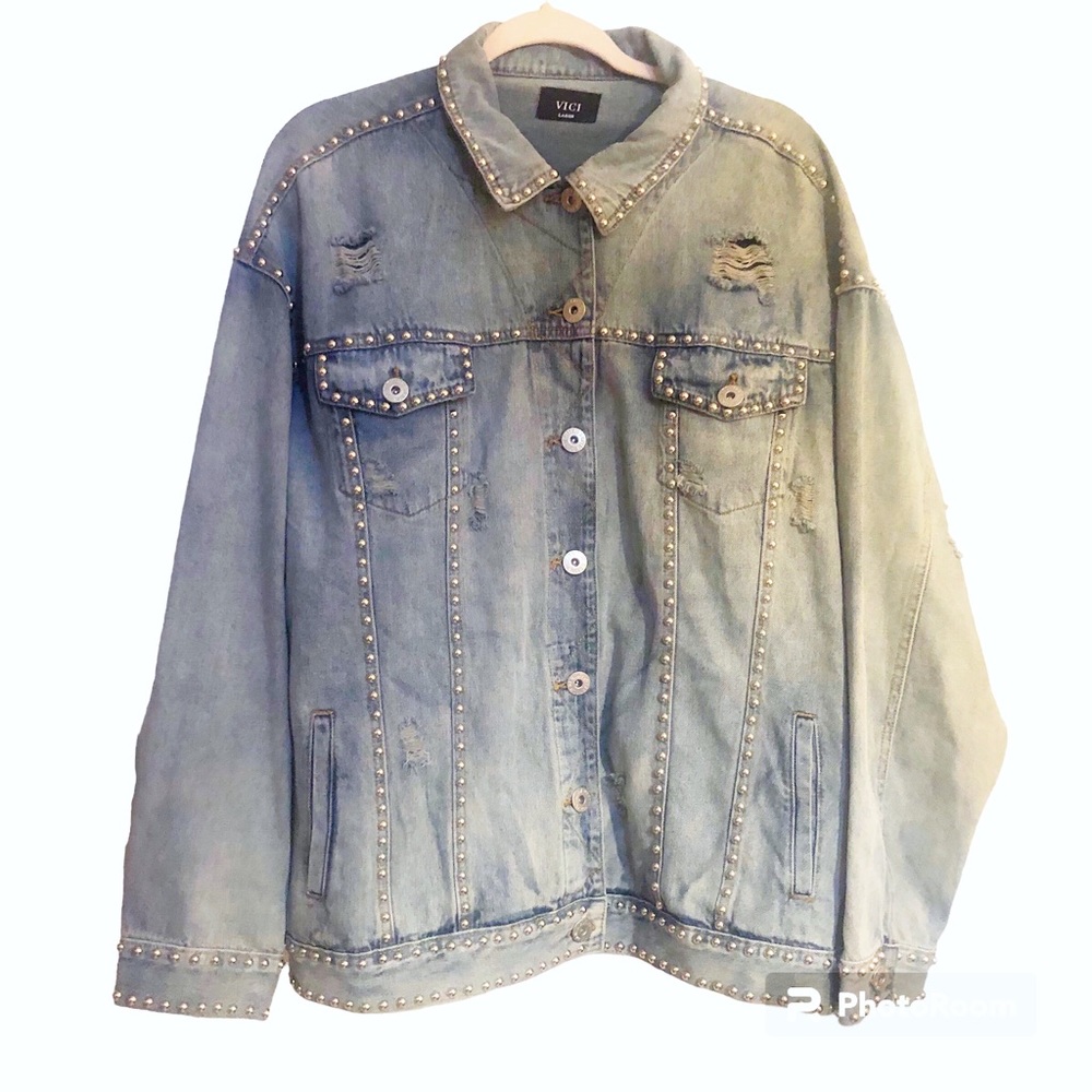 Vici Grey Distressed Studded Denim Jean Jacket - Picture 9 of 13